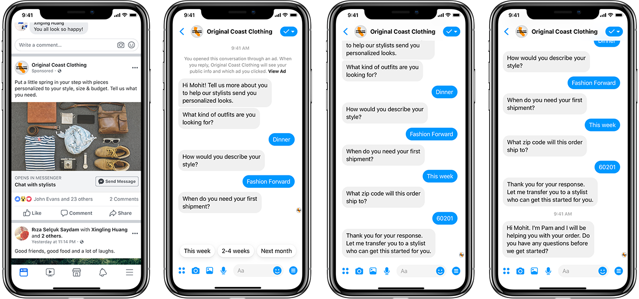 alt="Facebook Messenger conversation between business and customer"