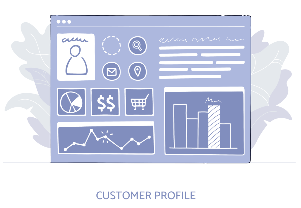 alt="graph of a customer profile with data charts"